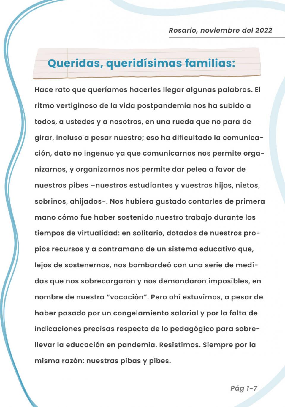 Carta abierta a la comunidad educativa secundaria